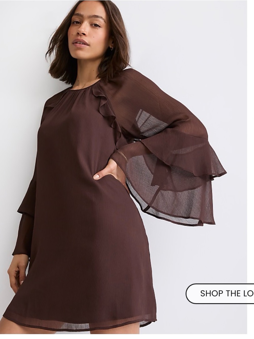 LOFT Chocolate Brown Long-Sleeve Ruffle Shift Mini Dress